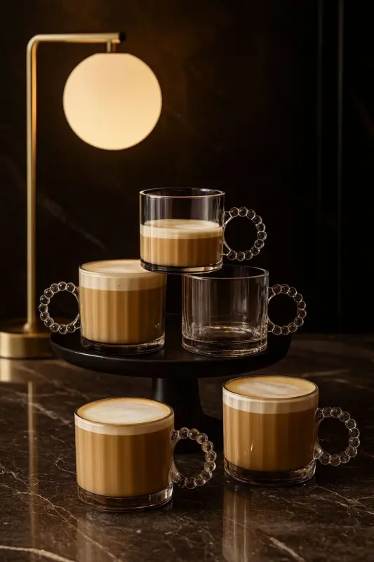 6 Lı Cam Boncuk Kulplu Bardak Kupa Çay Kahve Meşrubat Bardağı 325ml - 1