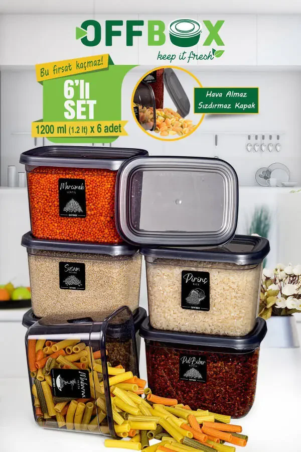 6 Pack 12 Piece 1.2 Liter Rectangular Food Dry Goods Storage Container Set with 20 Labels - 10