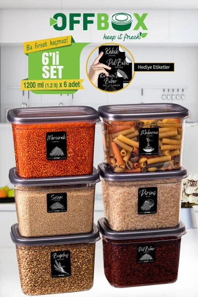 6 Pack 12 Piece 1.2 Liter Rectangular Food Dry Goods Storage Container Set with 20 Labels - 12