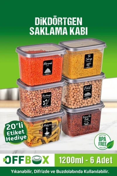 6 Pack 12 Piece 1.2 Liter Rectangular Food Dry Goods Storage Container Set with 20 Labels - OFFBOX