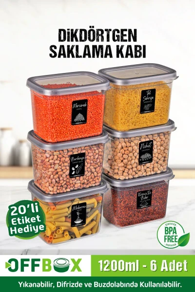 6 Pack 12 Piece 1.2 Liter Rectangular Food Dry Goods Storage Container Set with 20 Labels - OFFBOX (1)