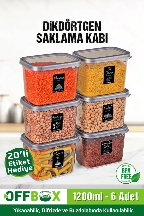 6 Pack 12 Piece 1.2 Liter Rectangular Food Dry Goods Storage Container Set with 20 Labels - 2