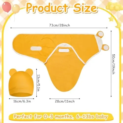6 Pack Baby Swaddle Blanket with Hats Set for 0-3 Months Preemie Newborn Sacks Soft Cotton Wearable for Baby Boy and Girl (Yellow,Rainbow) - 1
