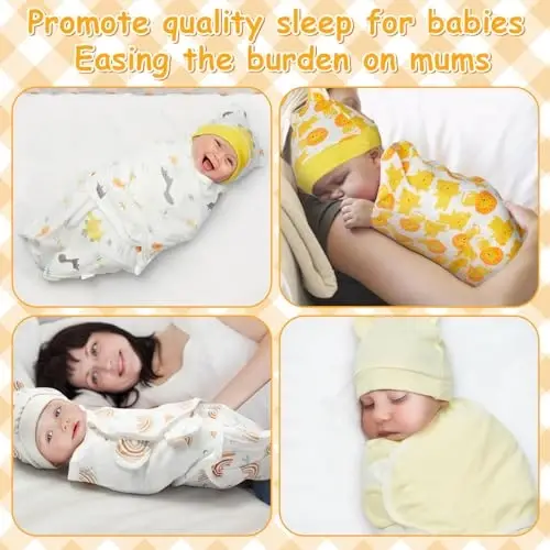 6 Pack Baby Swaddle Blanket with Hats Set for 0-3 Months Preemie Newborn Sacks Soft Cotton Wearable for Baby Boy and Girl (Yellow,Rainbow) 