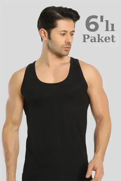 6 Pack Black Men's Tank Top 100% Cotton Knit - BÜYÜKBEDENIZ