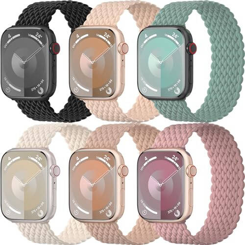 6 Pack Braided Solo Loop Bands Compatible with Apple Watch 38mm 40mm 41mm 42mm 44mm 45mm 49mm, Sport Stretch Elastics Strap Wristbands for iWatch Series 9/8/7/6/5/4/3/2/1 Ultra SE Women Men - 1