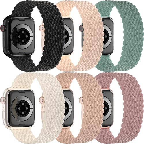 6 Pack Braided Solo Loop Bands Compatible with Apple Watch 38mm 40mm 41mm 42mm 44mm 45mm 49mm, Sport Stretch Elastics Strap Wristbands for iWatch Series 9/8/7/6/5/4/3/2/1 Ultra SE Women Men - 2