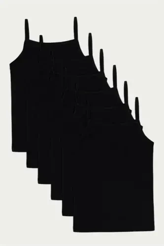 6-Pack Girls' Black Spaghetti Strap Tank Top 100% Cotton Ribbed Soft Stretch Fabric - 1