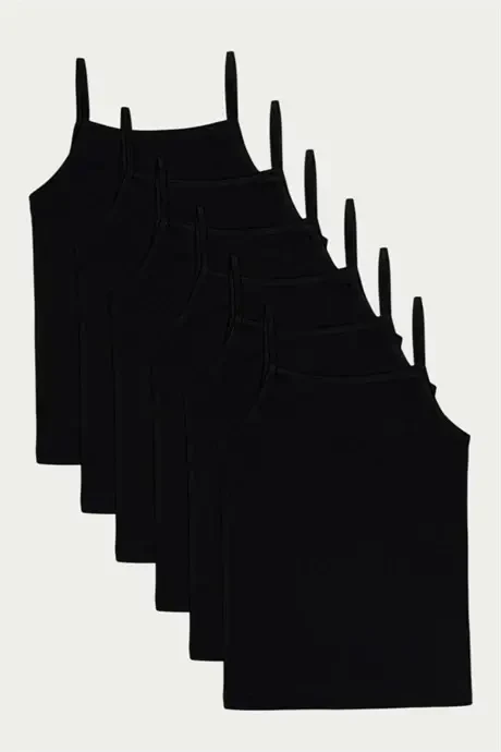 6-Pack Girls' Black Spaghetti Strap Tank Top 100% Cotton Ribbed Soft Stretch Fabric - BÜYÜKBEDENIZ