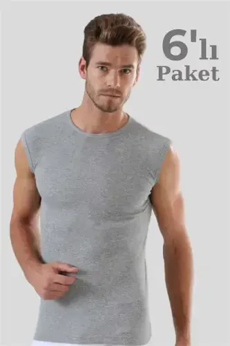 6 Pack Gray Men's Sleeveless Athletic Scoop Neck Tank Top 100% Cotton - 5