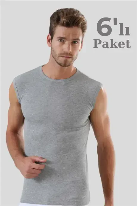 6 Pack Gray Men's Sleeveless Athletic Scoop Neck Tank Top 100% Cotton - 5
