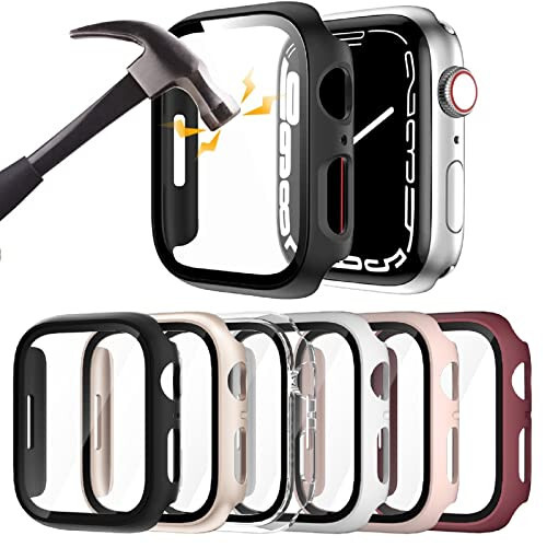 6 Pack Hard PC Case with Tempered Glass Screen Protector for Apple Watch 44mm SE(2nd Gen) Series 6/SE/5/4, Rontion Scratch Resistant Full Protective Bumper Cover for iWatch 44mm Accessories - 1