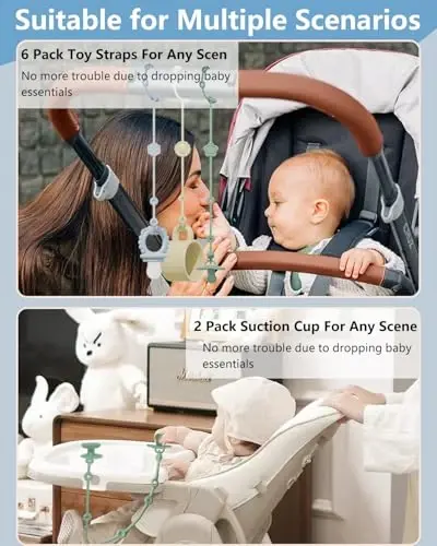 6 Pack Silicone Baby Toy Straps with 2 Suction Cup Bases, Silicone Pacifier Clips Pacifier Holder, Tether Clip, Adjustable Toy Holder for Stroller, Car Seat, Highchair, Crib (A) - Modazone (1)