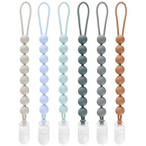 6-Pack Silicone Pacifier Clips for Baby Boys and Girls - One-Piece Beads, Rust-Free Holders, Teething Relief, Baby Necessities, Newborn Safe Baby Essentials - MODAZONE (1)