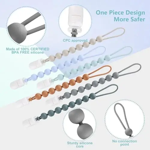 6-Pack Silicone Pacifier Clips for Baby Boys and Girls - One-Piece Beads, Rust-Free Holders, Teething Relief, Baby Necessities, Newborn Safe Baby Essentials - 4