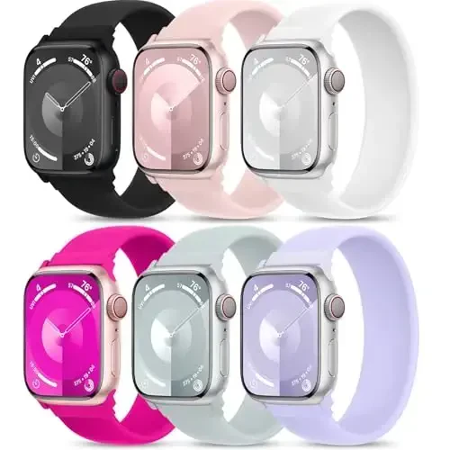6 Pack Silicone Solo Loop Bands Совместимы с Watch Band 40mm 38mm 41mm 44mm 45mm 46mm 42mm 49mm, Soft Stretchy Strap Sport Replacement Wristband for iWatch Series 10 9 8 7 6 SE 5 Ultra 4 3 2 1 - 1
