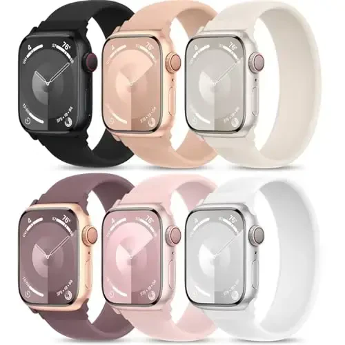 6 Pack Silicone Solo Loop Bands Watch Band 40mm 38mm 41mm 44mm 45mm 46mm 42mm 49mm bilan mos keladi, Soft Stretchy Strap Sport Replacement Wristband iWatch Series 10 9 8 7 6 SE 5 Ultra 4 3 2 1 uchun 