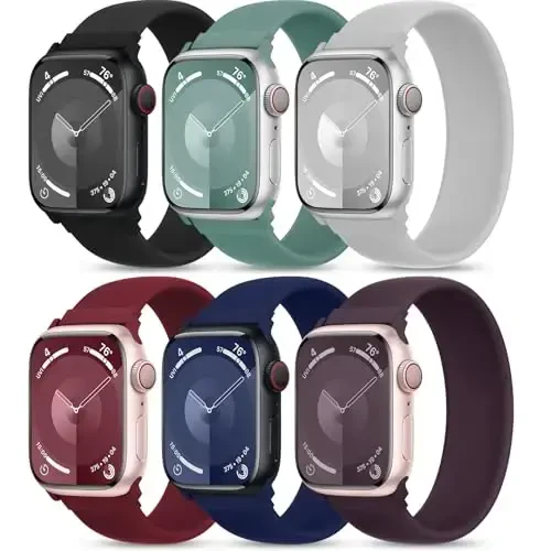 6 Pack Silicone Solo Loop Bands Watch Band 40mm 38mm 41mm 44mm 45mm 46mm 42mm 49mm bilan mos keladi, Soft Stretchy Strap Sport Replacement Wristband iWatch Series 10 9 8 7 6 SE 5 Ultra 4 3 2 1 uchun - 1