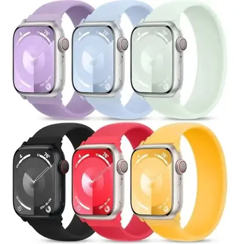 6 Pack Silicone Solo Loop Bands Watch Band bilan mos keladi 40mm 38mm 41mm 44mm 45mm 46mm 42mm 49mm, Soft Stretchy Strap Sport Replacement Wristband iWatch Series 10 9 8 7 6 SE 5 Ultra 4 3 2 1 uchun - 1