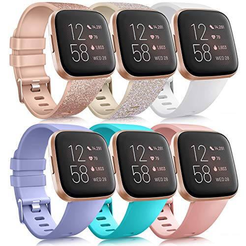 6 Pack Sport Bands Compatible with Fitbit Versa 2 / Versa/Versa Lite/Versa SE, Classic Soft Silicone Replacement Wristbands for Smart Watch Women Men ( B, Large) - 1