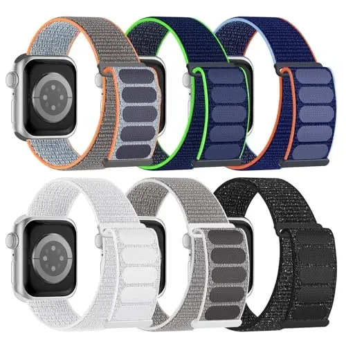 6 Pack Sport Nylon Loop Band Compatible with Apple Watch Band 38mm 40mm 41mm 42mm 44mm 45mm 46mm 49mm for Women Men, Adjustable Breathable Braided Straps for iWatch Series 11/10/9/8/7/6/5/4/3/SE/Ultra - 1