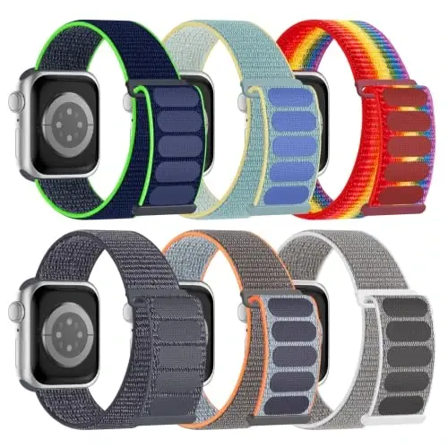 6 Pack Sport Nylon Loop Band Compatible with Apple Watch Band for Women Men | 38mm 40mm 41mm 42mm 44mm 45mm 46mm 49mm Adjustable Breathable Braided Straps for iWatch Series 12/11/10/9/8/7/6/5/4/SE/Ultra - 1