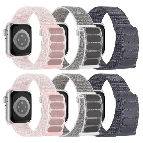 6 Pack Sport Nylon Loop Band Compatible with Apple Watch Band for Women Men | 38mm 40mm 41mm 42mm 44mm 45mm 46mm 49mm Adjustable Breathable Braided Straps for iWatch Series 12/11/10/9/8/7/6/5/4/SE/Ultra - 1
