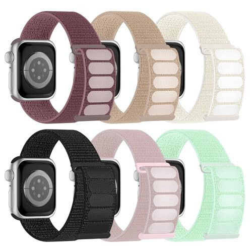 6 Pack Sport Nylon Loop Band Compatible with Apple Watch Bands 38mm 40mm 41mm 42mm 44mm 45mm 46mm 49mm for Women Men, Adjustable Breathable Braided Straps for iWatch Series 10/9/8/7/6/5/4/3/SE/Ultra - 1