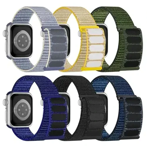 6 Pack Sport Nylon Loop Band Compatible with Apple Watch Bands 38mm 40mm 41mm 42mm 44mm 45mm 46mm 49mm for Women Men, Adjustable Breathable Braided Straps for iWatch Series 10/9/8/7/6/5/4/3/SE/Ultra - 1