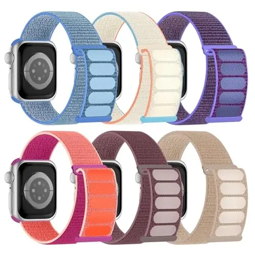 6 Pack Sport Nylon Loop Band Compatible with Apple Watch Bands 38mm 40mm 41mm 42mm 44mm 45mm 46mm 49mm for Women Men, Adjustable Breathable Braided Straps for iWatch Series 10/9/8/7/6/5/4/3/SE/Ultra - 1