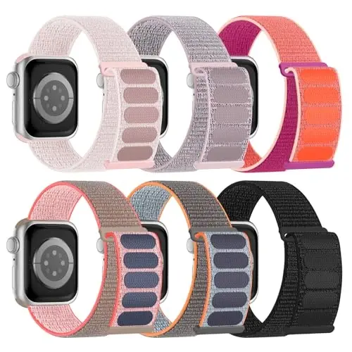 6 Pack Sport Nylon Loop Band Compatible with Apple Watch Bands 38mm 40mm 41mm 42mm 44mm 45mm 46mm 49mm for Women Men, Adjustable Breathable Braided Straps for iWatch Series 10/9/8/7/6/5/4/3/SE/Ultra - 1