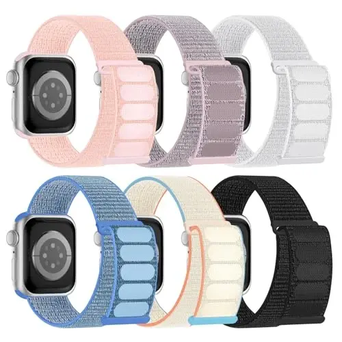 6 Pack Sport Nylon Loop Band Compatible with Apple Watch Bands 38mm 40mm 41mm 42mm 44mm 45mm 46mm 49mm for Women Men, Adjustable Breathable Braided Straps for iWatch Series 10/9/8/7/6/5/4/3/SE/Ultra - MODAZONE