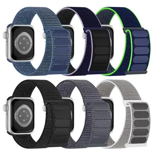 6 Pack Sport Nylon Loop Band Compatible with Apple Watch Bands 38mm 40mm 41mm 42mm 44mm 45mm 46mm 49mm for Women Men, Adjustable Breathable Braided Straps for iWatch Series 10/9/8/7/6/5/4/3/SE/Ultra - 1