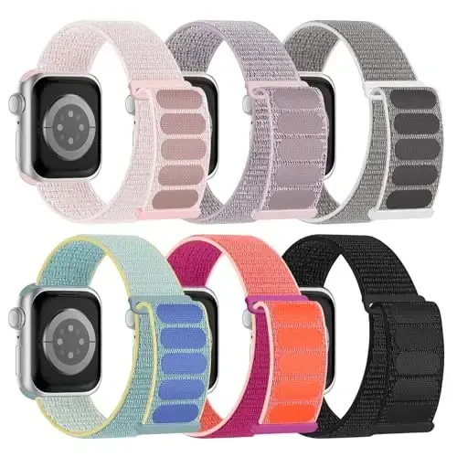 6 Pack Sport Nylon Loop Band Compatible with Apple Watch Bands 38mm 40mm 41mm 42mm 44mm 45mm 46mm 49mm for Women Men, Adjustable Breathable Braided Straps for iWatch Series 10/9/8/7/6/5/4/3/SE/Ultra - 1