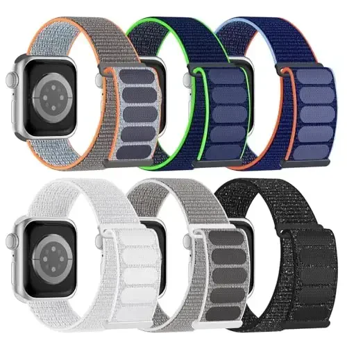 6 Pack Sport Nylon Loop Band Совместим с Apple Watch Band 38mm 40mm 41mm 42mm 44mm 45mm 46mm 49mm для Женщин и Мужчин, Регулируемые Дышащие Плетеные Ремни для iWatch Series 11/10/9/8/7/6/5/4/3/SE/Ultra - HONEYSTRAPER