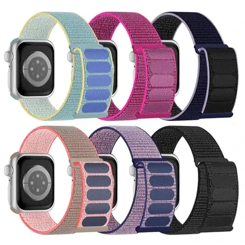 6 Pack Sport Nylon Loop Band Совместим с Apple Watch Bands 38mm 40mm 41mm 42mm 44mm 45mm 46mm 49mm для Женщин Мужчин, Регулируемые Дышащие Плетеные Ремешки для iWatch Series 10/9/8/7/6/5/4/3/SE/Ultra 
