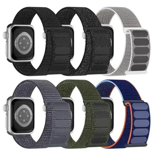 6 Pack Sport Nylon Loop Band Совместим с ремешками Apple Watch 38mm 40mm 41mm 42mm 44mm 45mm 46mm 49mm для женщин и мужчин, регулируемые дышащие плетеные ремешки для iWatch Series 10/9/8/7/6/5/4/3/SE/Ultra - 1
