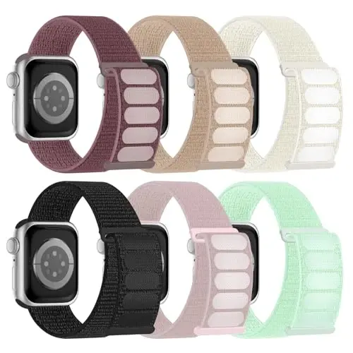 6 Pack Sport Nylon Loop Band Совместим с ремешками для Apple Watch 38 мм 40 мм 41 мм 42 мм 44 мм 45 мм 46 мм 49 мм для женщин и мужчин, регулируемые дышащие плетеные ремешки для iWatch Series 10/9/8/7/6/5/4/3/SE/Ultra - 1