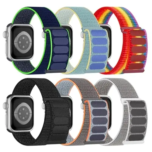 6 Pack Sport Nylon Loop Band, совместимый с ремешками Apple Watch 38 мм 40 мм 41 мм 42 мм 44 мм 45 мм 46 мм 49 мм для женщин и мужчин, регулируемые дышащие плетеные ремешки для iWatch Series 10/9/8/7/6/5/4/3/SE/Ultra - MODAZONE