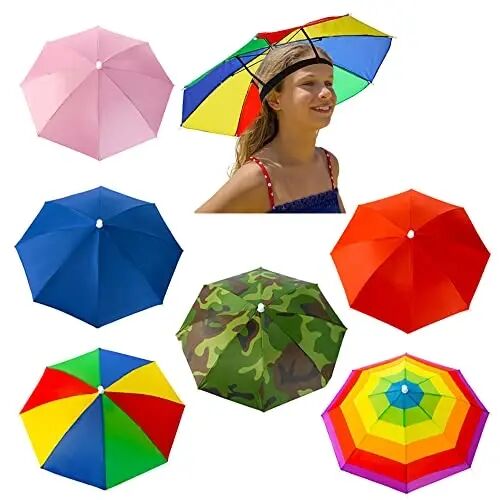 6 Pack Umbrella Hat Rainbow Umbrella Hat for Kids Adult Women, Colorful Umbrella Hat Rainbow Head Umbrella Cap for Sun 20 Inch Diameter Folding Waterproof Elastic Fishing Rain Hats for Outdoor Party Beach Hiking (Red) - 6