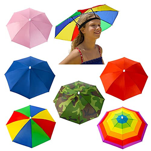 6 Pack Umbrella Hat Rainbow Umbrella Hat for Kids Adult Women, Colorful Umbrella Hat Rainbow Head Umbrella Cap for Sun 20 Inch Diameter Folding Waterproof Elastic Fishing Rain Hats for Outdoor Party Beach Hiking (Red) - 1