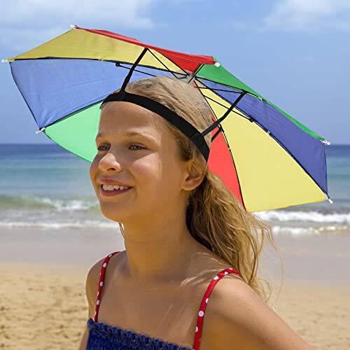 6 Pack Umbrella Hat Rainbow Umbrella Hat for Kids Adult Women, Colorful Umbrella Hat Rainbow Head Umbrella Cap for Sun 20 Inch Diameter Folding Waterproof Elastic Fishing Rain Hats for Outdoor Party Beach Hiking (Red) - 2