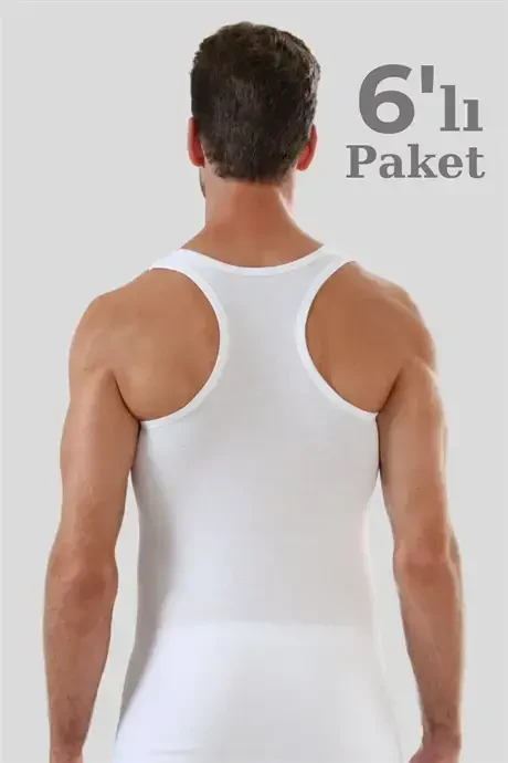 6-Pack White Men's Sports Rambo Tank Top 100% Cotton Ribbed - 6