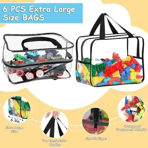 6 Packs Extra Large Toy Storage Bags 12.6×9.25×6.9In with Labels, Reusable Clear PVC Board Game Storage, Travel Waterproof Organizer Bags with Zipper for Building Blocks, Puzzle, Stuffed Animals - 3