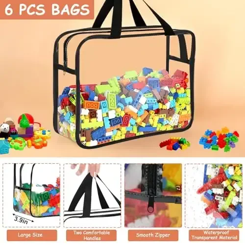 6 Packs Large Toy Storage Bags with Labels, Reusable Clear PVC Board Game Storage, Travel Waterproof Organizer Bags with Zipper for Building Blocks, Puzzle, Kids Books - 3