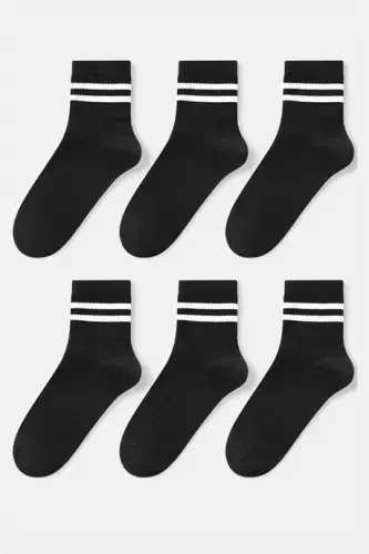 6 Pairs Unisex Striped College Socks Black - BÜYÜKBEDENIZ (1)