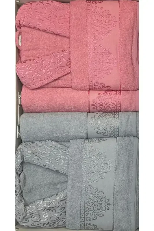 6 Parça Aile Bornoz Seti - %100 Pamuk - Çeyizlik Bornoz Seti-Gri - 1