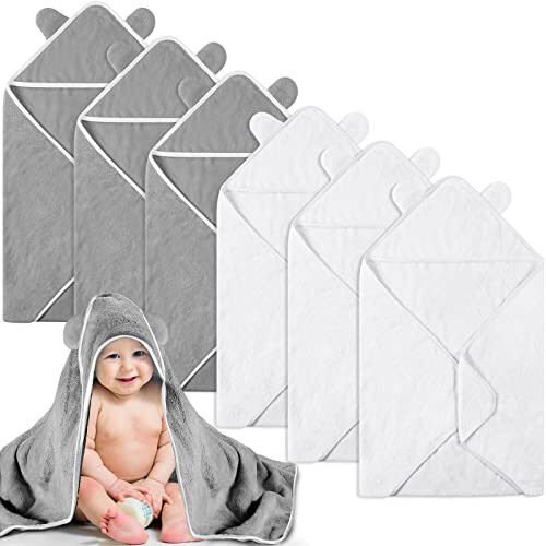 6 Pieces Baby Bath Towels 30 x 30 Inch Hooded Toddler Towel Bath Blanket Absorbent Coral Fleece Hooded for Toddler Infant Newborn Shower Gift Supplies(White, Gray) - Lounsweer