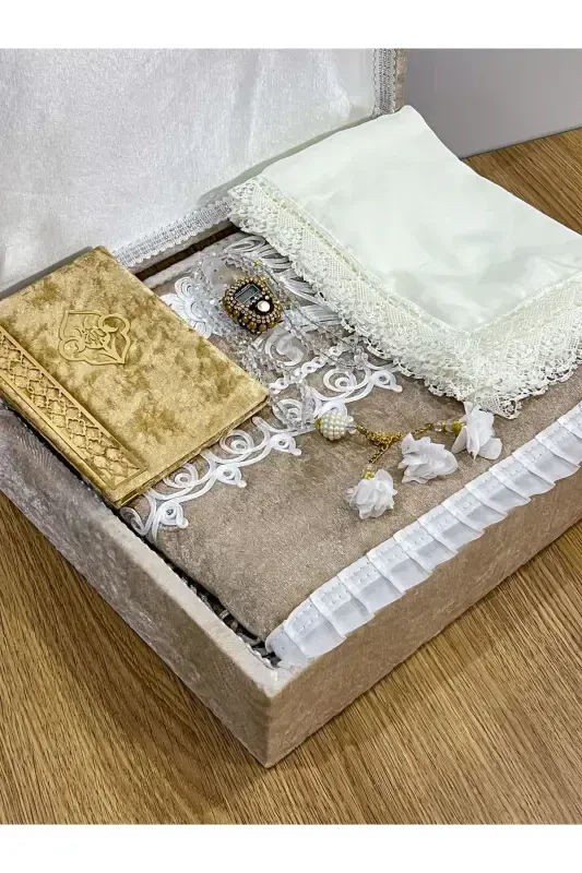 6 Parça Kadife Seccade Takımı Çeyizlik Bohça Sandıklı Gelin Damat Seti-Bej - AYHANHOME
