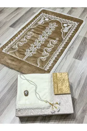 6 Parça Kadife Seccade Takımı Çeyizlik Bohça Sandıklı Gelin Damat Seti-Bej - AYHANHOME (1)